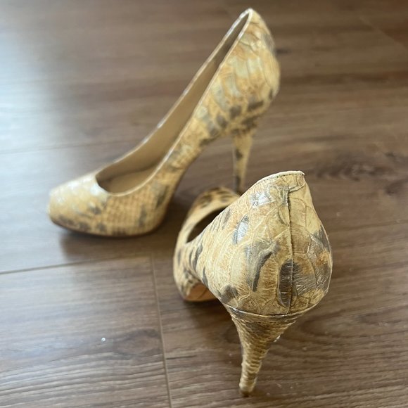 Joan & David Leather Metallic Snakeskin Embossed Open Toe Heels size 6.5 - Picture 3 of 6